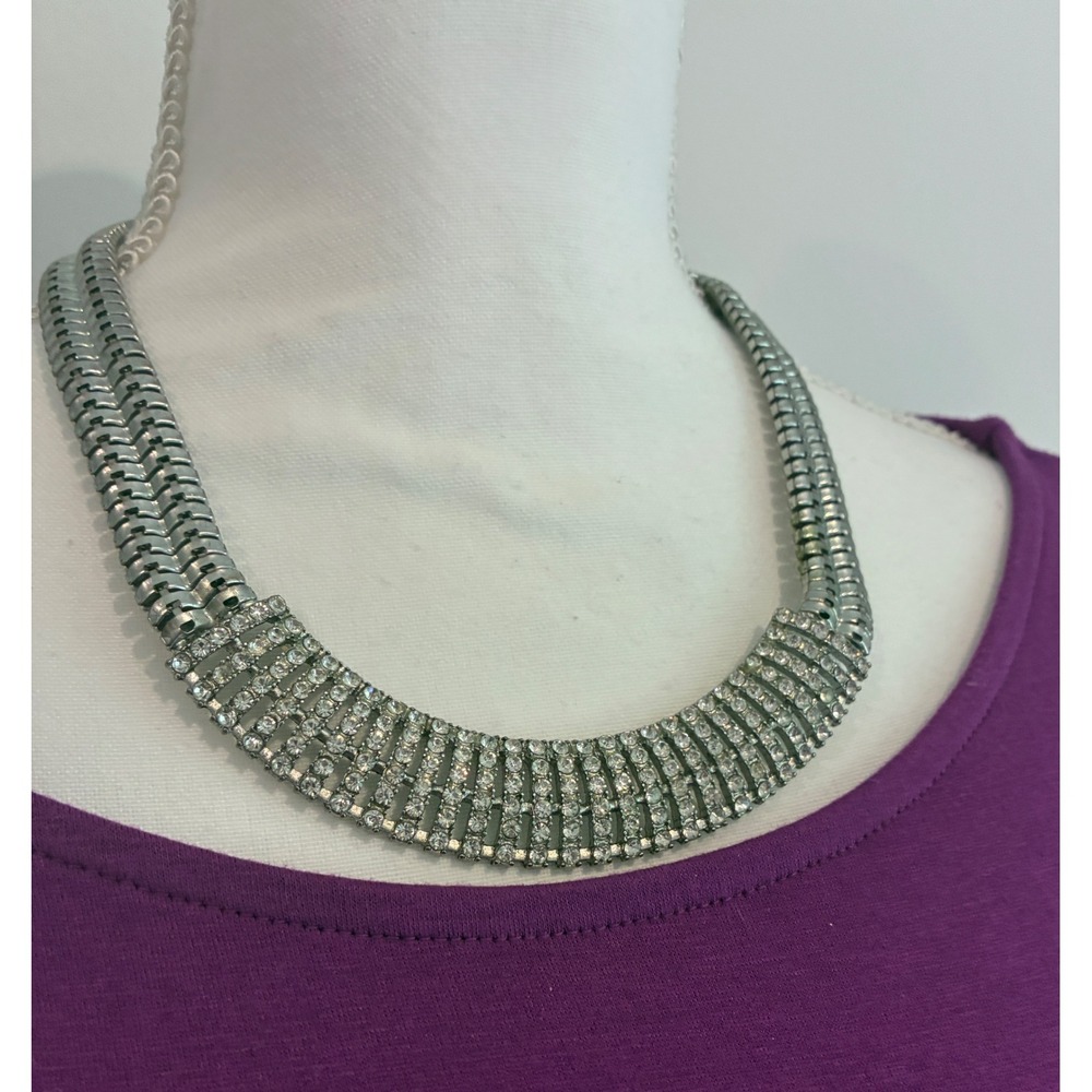 Silver Tone Rhinestone Collar Necklace Crystal Bib Statement Chunky Adjustable
